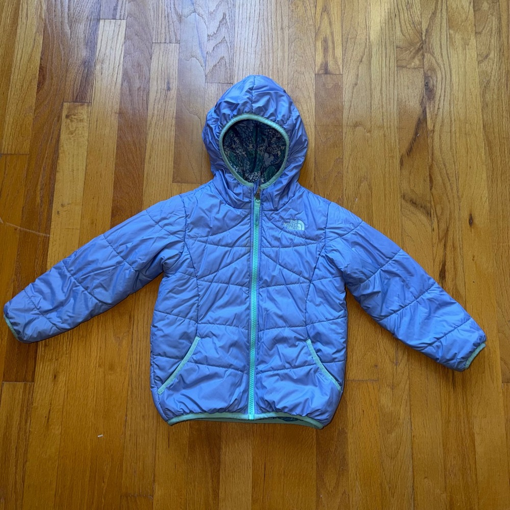 The North Face Kids Reversible Puffer Jacket Blue Butterfly Print Hooded Coat 4T
